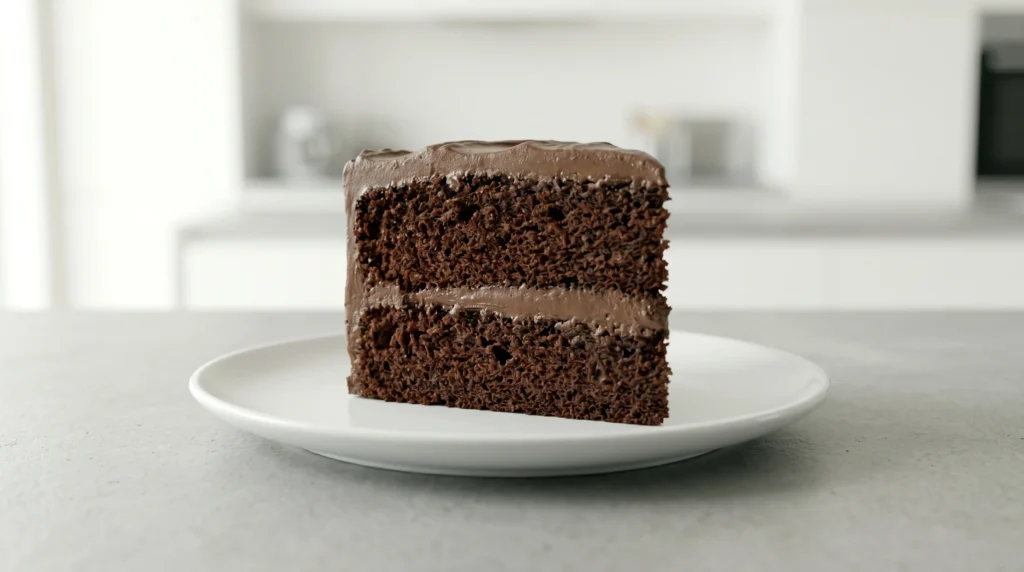 A single, beautifully plated slice of rich chocolate fudge cake, showcasing distinct moist cake layers and smooth chocolate frosting.