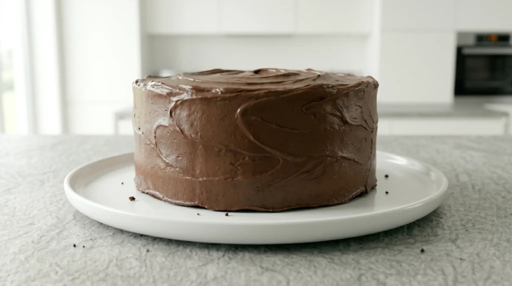 A fully frosted chocolate fudge cake on a white serving plate, featuring a beautifully textured finish covering the top and sides.