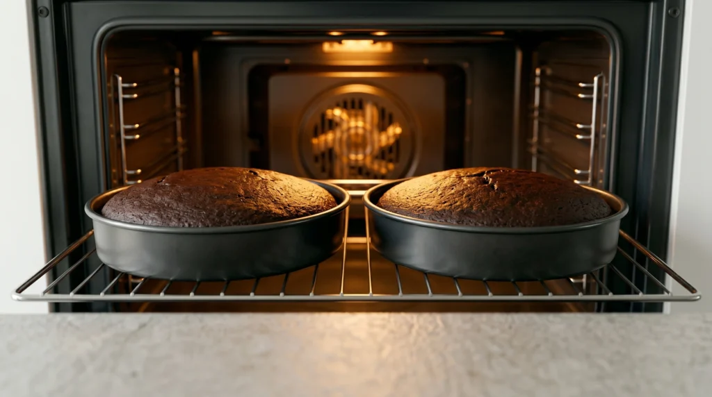 Two freshly baked chocolate cake layers inside a modern oven, ready to be removed for cooling.