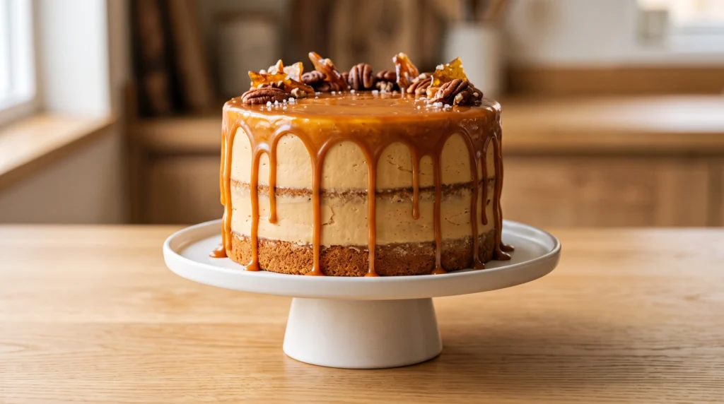 A fully frosted layer cake on a white cake stand, drizzled with caramel sauce and topped with nuts on a wooden countertop.