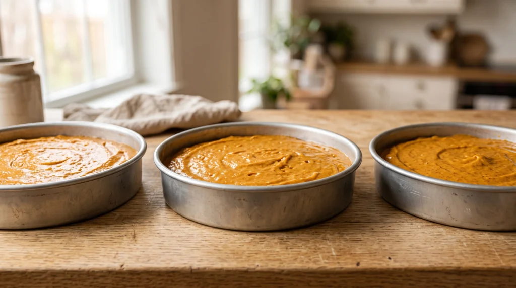 Three round cake pans filled with pumpkin spice cake batter on a wooden countertop, ready for the oven.