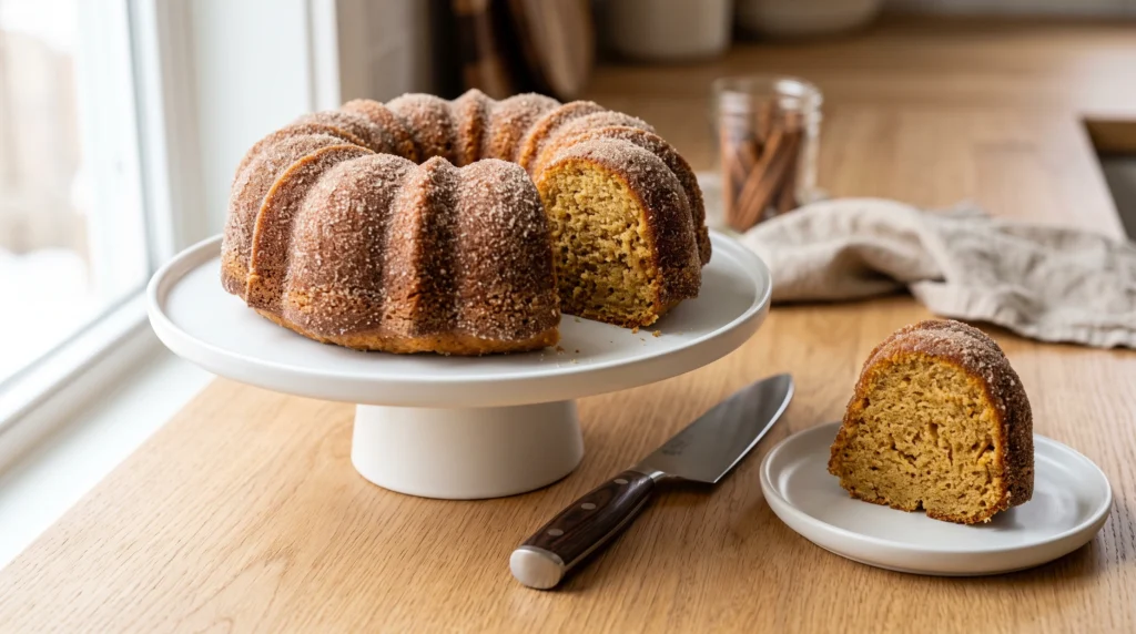 A cinnamon-sugar coated apple cider donut Bundt cake on a white cake stand with a slice cut and served on a plate next to a knife.