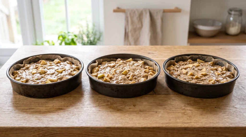 Three cake pans filled evenly with apple-infused cake batter on a wooden countertop.