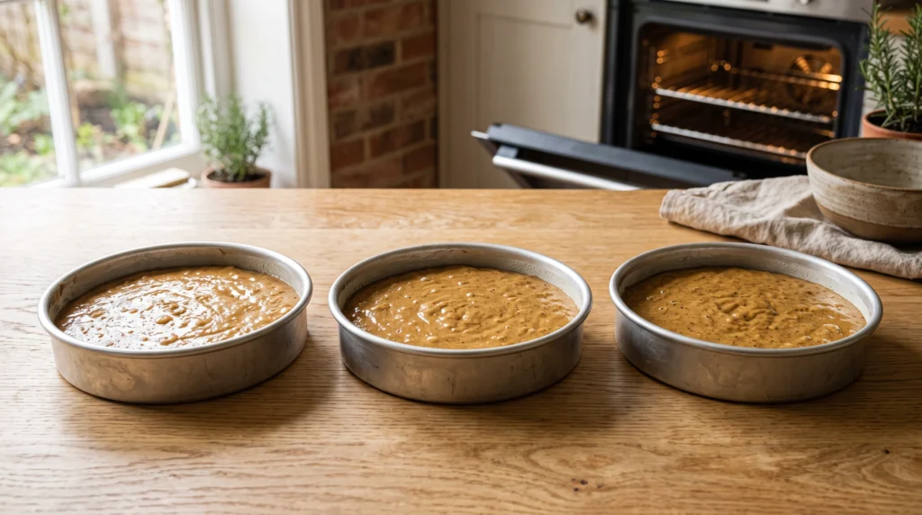 Three cake pans filled evenly with spiced cake batter on a wooden countertop in front of an open oven.