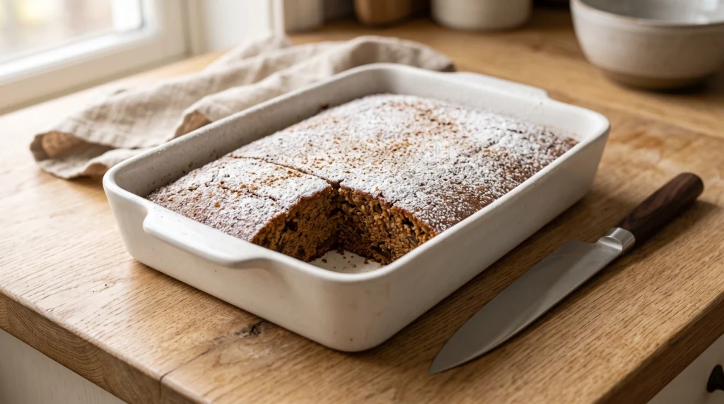 A sliced self-layering chai pudding cake dusted with powdered sugar in a white baking dish on a wooden countertop next to a knife.
