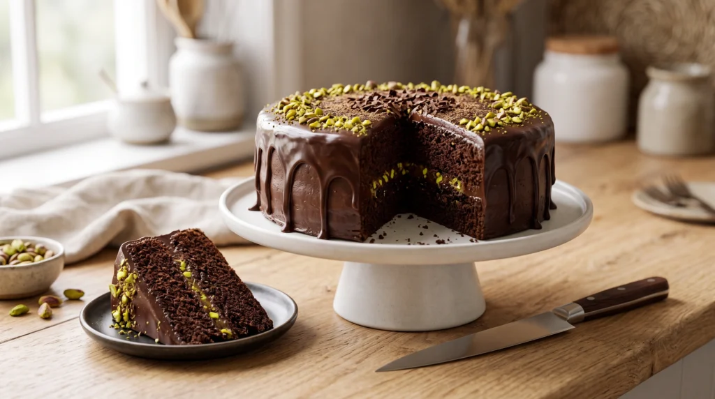 A fully assembled Dubai chocolate cake covered in chocolate ganache with drips down the sides, topped with crushed pistachios, with a single slice on a plate next to the cake stand.