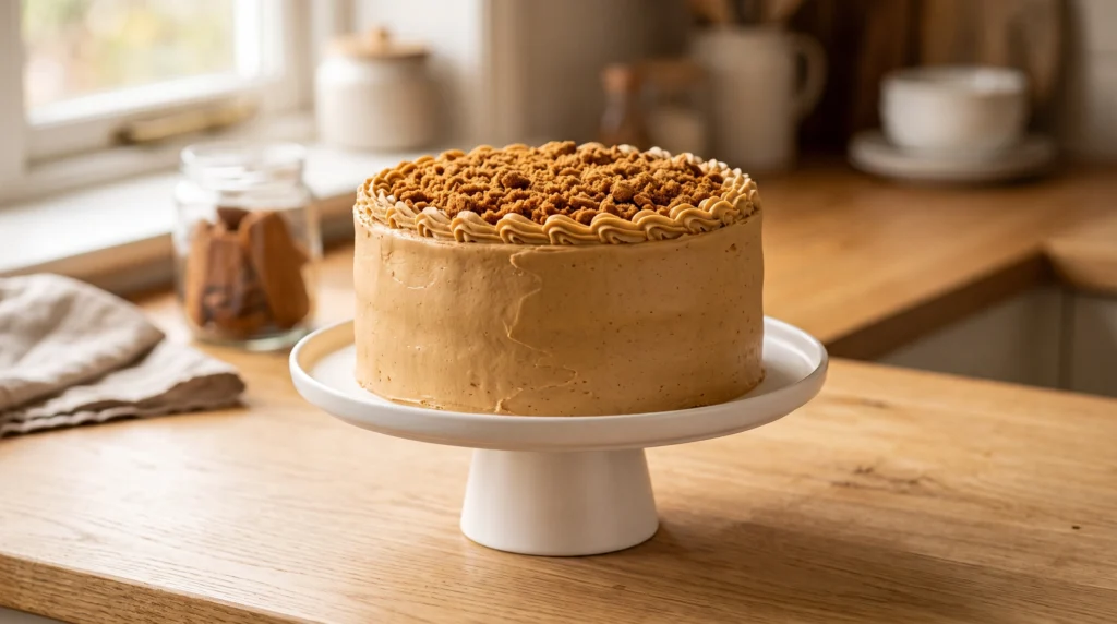 A fully frosted three-layer Biscoff cookie butter cake topped with piped frosting and crushed Biscoff cookies on a white cake stand.