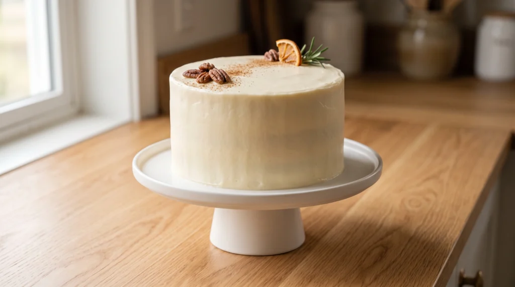 A fully frosted pumpkin spice layer cake on a white cake stand, decorated with pecans, a dried orange slice, and a sprig of rosemary.