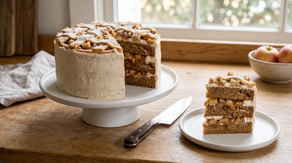 A fully frosted three-layer apple pie cake with a slice cut out and served on a white plate next to a knife on a wooden countertop.