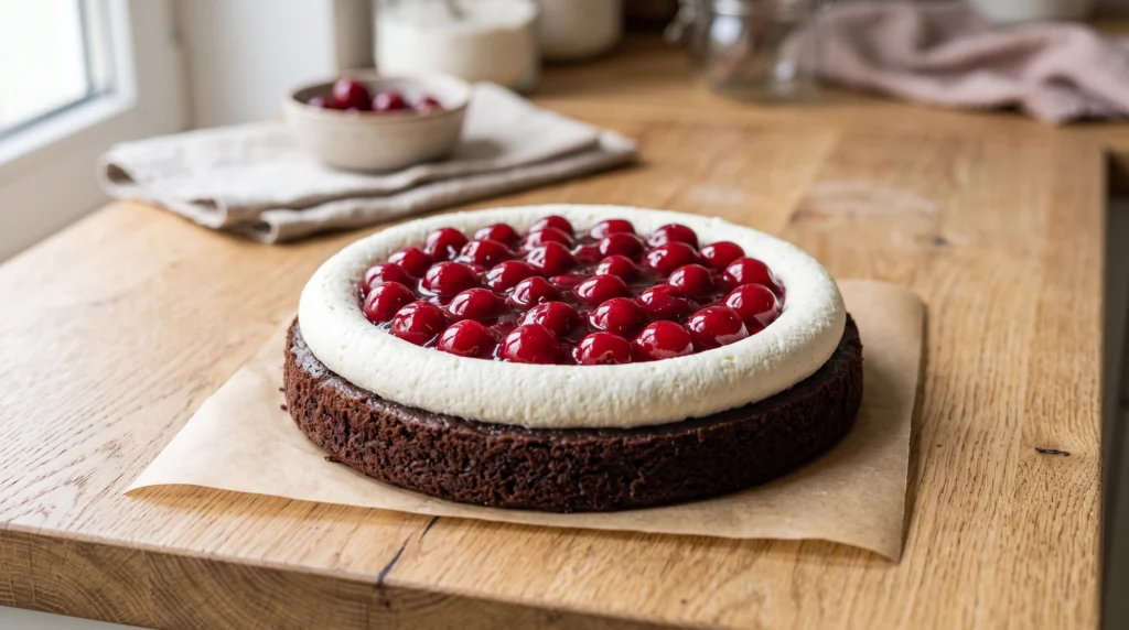 A chocolate cake layer topped with a piped ring of whipped cream and filled with glossy red cherries on parchment paper.