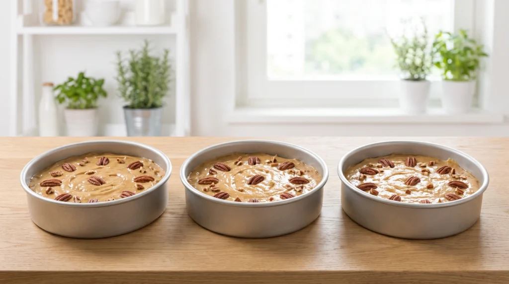Three round cake pans filled evenly with pecan-studded cake batter on a wooden countertop.
