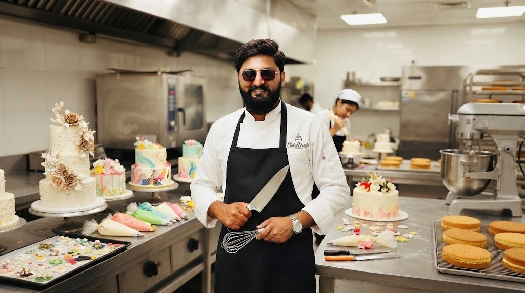 Gul Hassan, CakeDraft founder and recipe developer, standing in a professional kitchen
