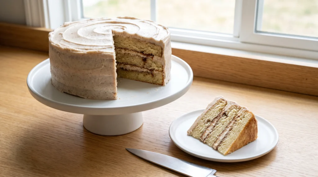 A sliced three-layer spice cake on a white cake stand with a single slice on a plate and a knife on a wooden surface.