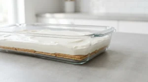 A glass 9x13-inch baking dish showing a smooth, even layer of white cream cheese filling spread over a bottom layer of graham crackers.