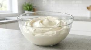 A large glass bowl filled with fluffy, smooth, and lump-free whipped cream cheese mixture sitting on a grey kitchen counter.