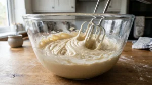 A close-up view of a glass mixing bowl where cake batter is being gently mixed with a hand mixer, showing a thick, smooth, and perfectly incorporated Vanilla Bean Cake batter.