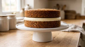 A two-layer carrot cake being assembled on a white cake stand, with a thick, even layer of cream cheese frosting sandwiched between two perfectly level, golden-brown cake layers.