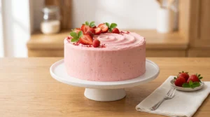 "A tall, two-layer strawberry cake covered in smooth pink cream cheese frosting, topped with fresh strawberries on a white cake stand in a bright kitchen."