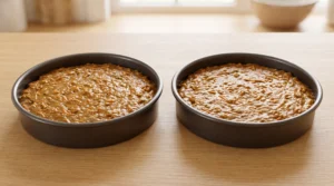 Two round cake pans filled with raw, textured carrot cake batter, sitting on a wooden kitchen counter ready to go into the oven.