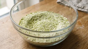 "A large glass bowl containing a mixture of finely ground pistachios, flour, and other dry baking ingredients ready to be whisked."