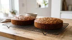 Two perfectly golden-brown, baked round carrot cake layers resting on a black wire cooling rack on a wooden kitchen counter, cooling before frosting.