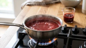Simmering fresh strawberry puree in a stainless steel saucepan on a stovetop to reduce for a scratch-made strawberry cake.