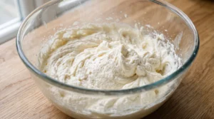"A clear glass bowl filled with pale, fluffy creamed butter and sugar sitting on a light oak wooden surface next to a bright window."