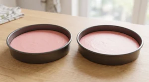 "Two round baking pans evenly filled with smooth pink strawberry cake batter sitting on a light oak kitchen counter before baking."