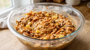 A glass mixing bowl filled with a rich, textured Carrot Cake batter packed with visible shreds of orange carrots, chunks of pineapple, and toasted nuts, ready for the oven.