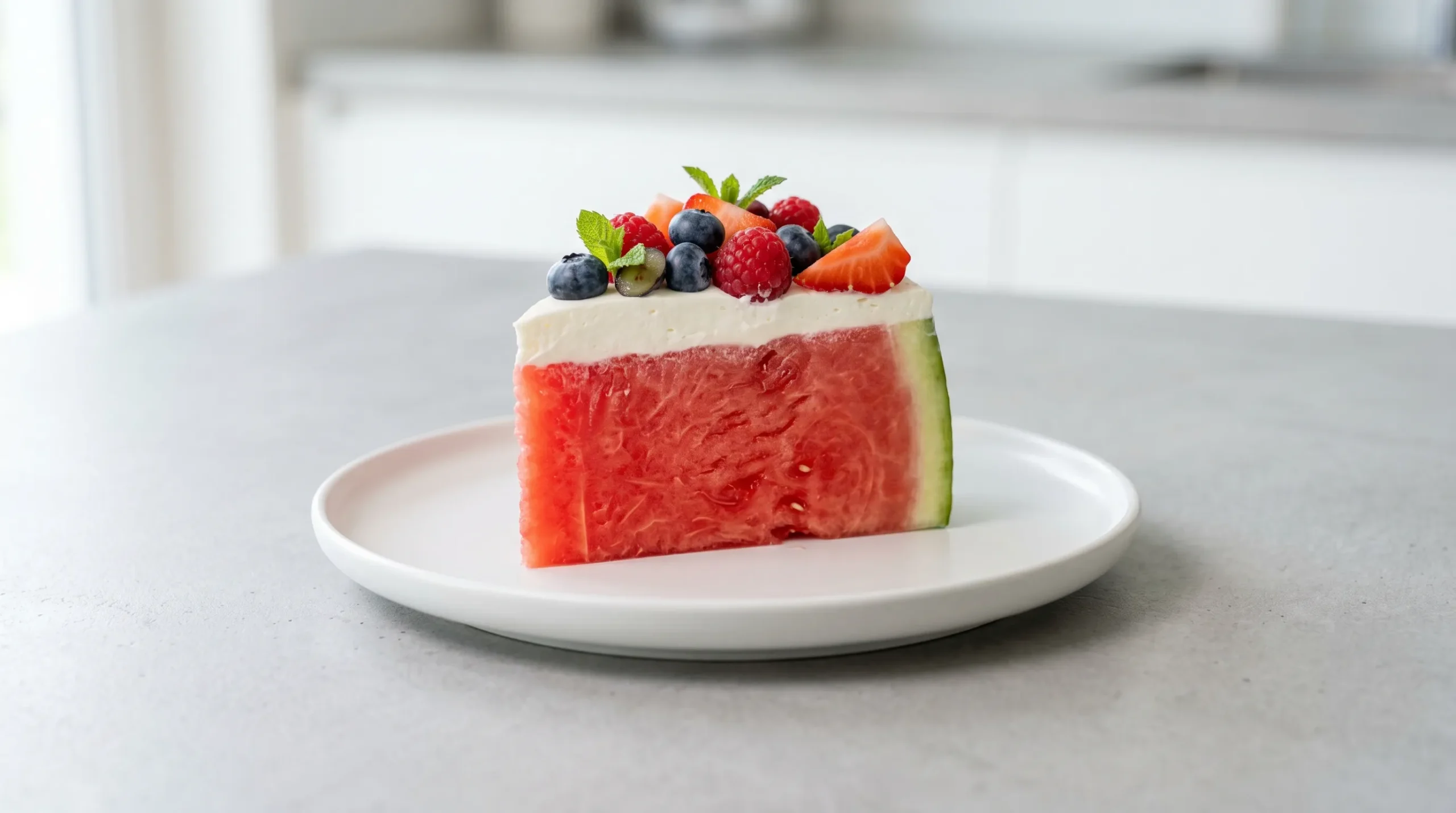 A single slice of watermelon "cake" on a white plate, topped with light whipped cream, fresh raspberries, blueberries, strawberries, and a mint leaf, with a bright kitchen background.