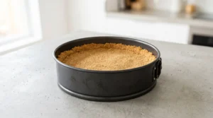 A 9-inch springform pan on a grey kitchen counter, containing a perfectly pressed and flat graham cracker crust base, ready for chilling.