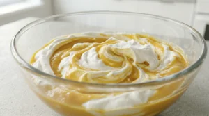 A glass bowl showing the gentle folding process, with whipped cream being combined into a vibrant mango and cream cheese base to create a fluffy, uniform filling.