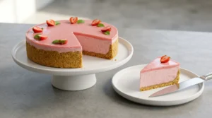 A full strawberry cheesecake on a white pedestal stand with one slice removed and placed on a separate matching white plate next to a sharp knife.