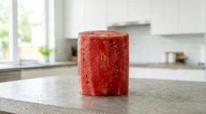 A perfectly trimmed, cylindrical watermelon standing flat and stable on a kitchen counter, ready for frosting and decoration.