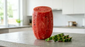 A peeled, cylindrical watermelon standing upright on a kitchen counter, with thin green slices of the removed rind lying next to it.