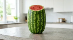 A fresh, whole watermelon standing upright on a clean kitchen counter after both ends have been sliced off to create a flat, stable base for a watermelon cake.