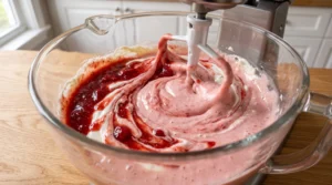 "A stand mixer with a paddle attachment gently folding a concentrated dark red fresh strawberry reduction and sour cream into a pale cake batter inside a glass bowl."