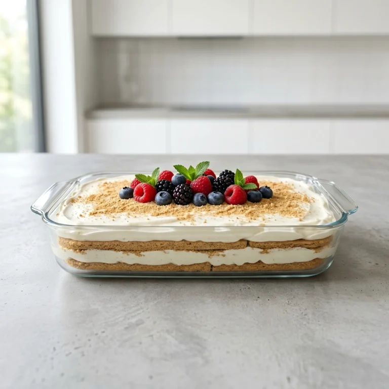 A beautiful, professional slice of layered icebox cake on a white plate, showcasing perfect alternating layers of graham crackers and cream, with a clean knife resting nearby
