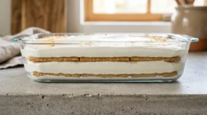 A glass 9x13-inch baking dish showing beautiful, distinct layers of graham crackers and smooth cream cheese filling, being carefully assembled.