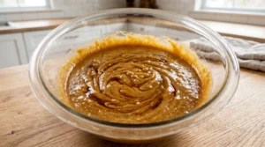 A glossy, deep golden mixture of oil, sugars, eggs, and vanilla being whisked together in a glass bowl, creating smooth, concentric swirls on a wooden surface.
