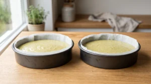 "Pistachio cake batter divided evenly into two round baking pans, both lined with parchment paper and ready for the oven."