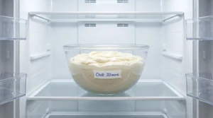 A glass mixing bowl filled with thick, smooth vanilla bean frosting sitting on the middle shelf of an empty refrigerator, with a note attached to the bowl that reads "Chill: 20 mins".