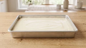 "Vanilla sheet cake batter poured and spread evenly into a 9x13-inch rectangular metal pan, ready to be placed in the oven."