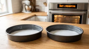 Two 9-inch round cake pans on a wooden counter, fully greased and lined with white parchment paper, with a modern oven showing 350°F in the background.