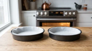 "Two round metal baking pans lined with parchment paper on a light oak table, with an oven preheating to 350 degrees Fahrenheit in the background."