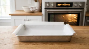 "A rectangular 9x13-inch metal baking pan lined with parchment paper sitting on a light oak wooden counter, with an oven preheating to 350 degrees Fahrenheit in the background."