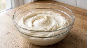 "A glass mixing bowl filled with smooth, creamy, and pale white vanilla buttercream frosting on a wooden kitchen counter."
