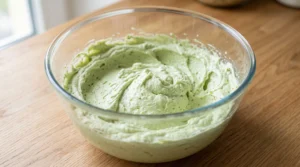 "A glass bowl filled with smooth, pale green pistachio-infused buttercream frosting on a wooden kitchen surface."