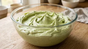 "A large glass bowl filled with fluffy, smooth, pale green pistachio cream cheese frosting, showing swirls and a rich texture."