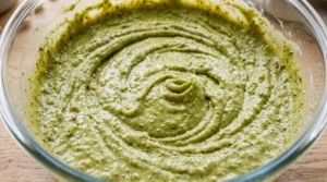 "Pistachio cake batter in a bowl after mixing in flour and milk, showcasing a smooth, rich, and well-blended consistency."